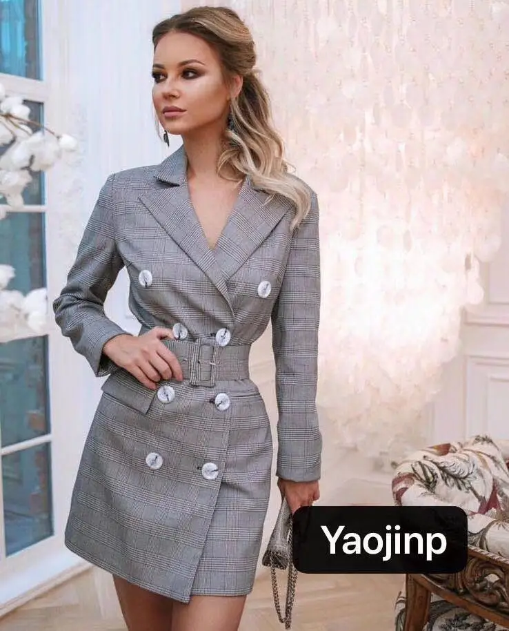 

Women's 2019 Autumn New Commuter Plaid Double Breasted Belt Long Sleeve Dress Fashion Women