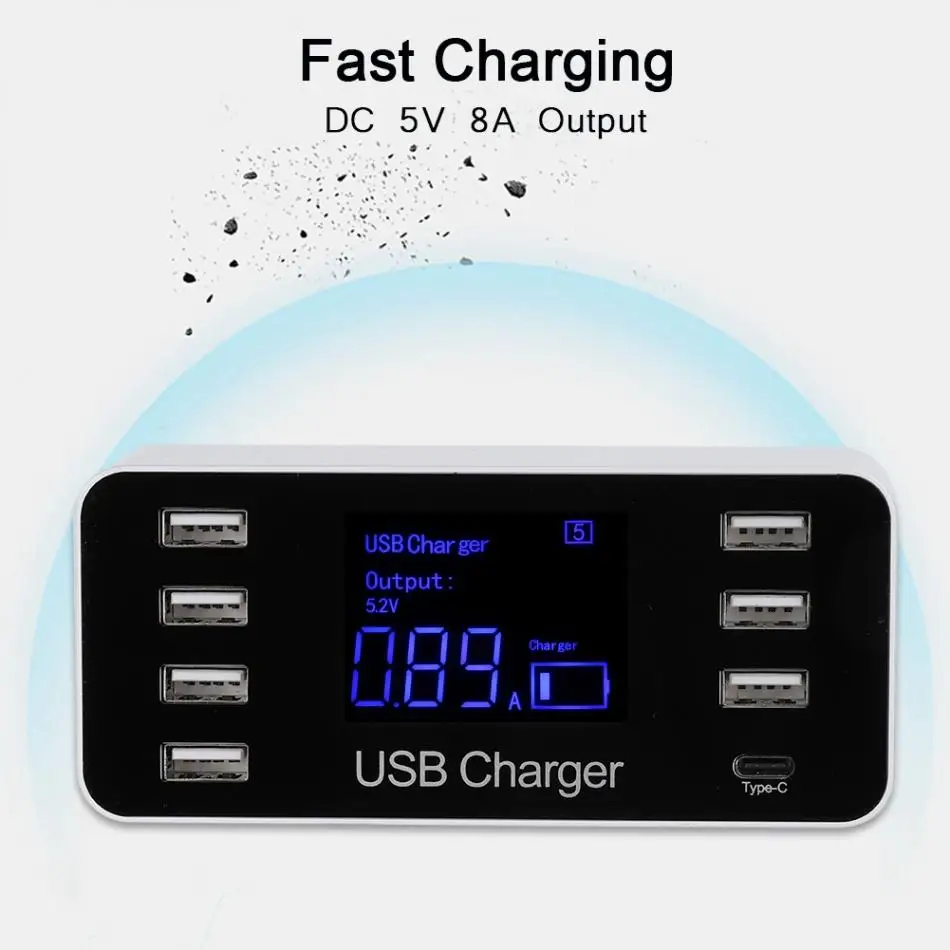 Simultaneous 7 USB+1 Type-C USB Charging Station with LCD 40W Fast Charging Smart USB Hub