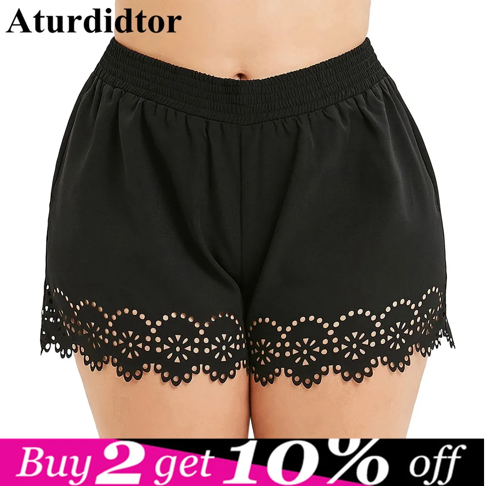 

Plus Size Openwork Tight Short Scalloped Edge Fitted Short Women Straight Black Lace Up Large Hollow out Summer Pants Female