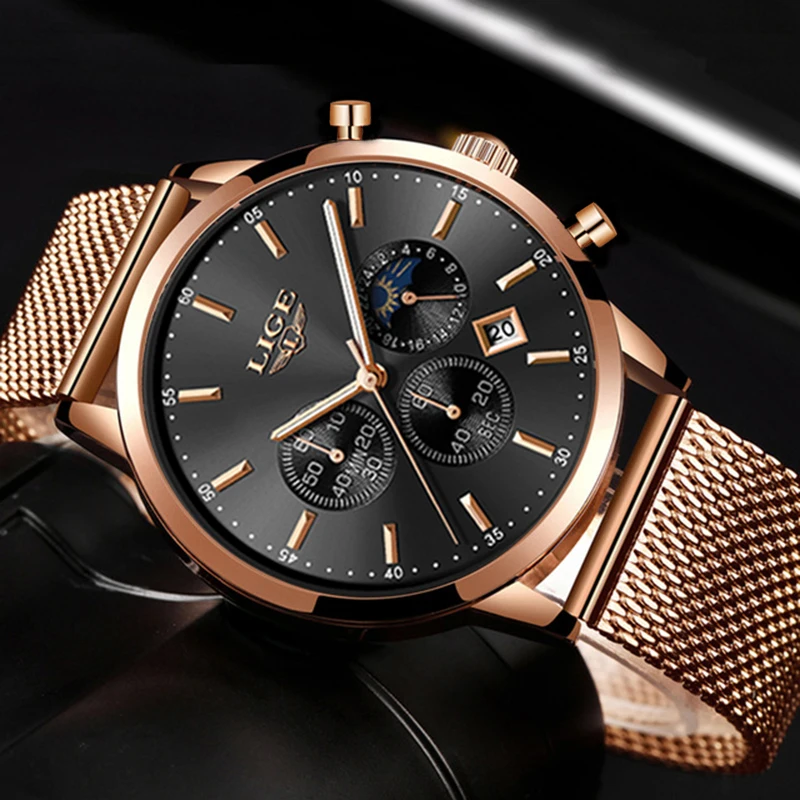 New LIGE Mens Watches Top Brand Luxury Fashion Ultra Thin Quartz Watch Men Moon Phase Business Clock Sport Waterproof Relojes