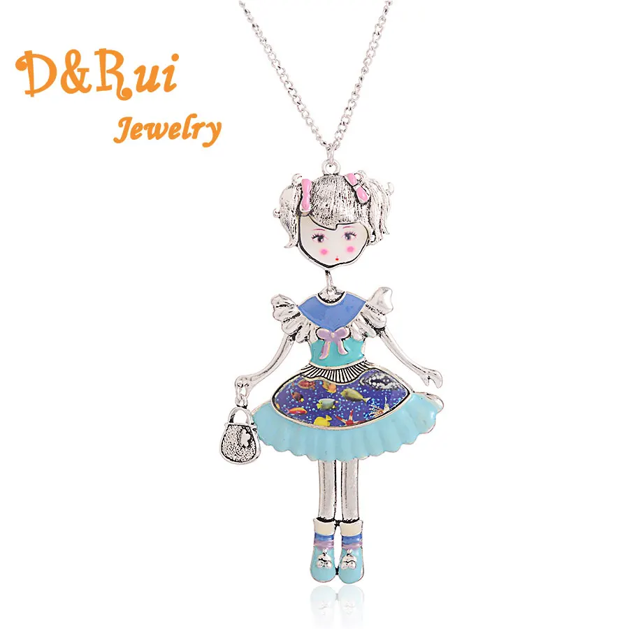 

Vintage Doll Necklace Trendy Enamel Zinc Alloy Charm Girl Pendant Long Women Necklace Chain Brand Jewelry Accessories Wholesale
