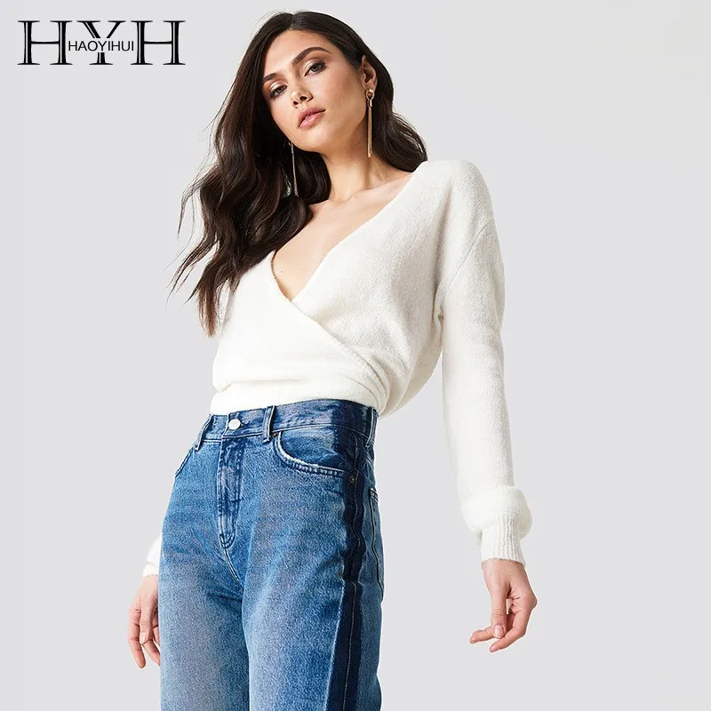 

HYH Haoyihui 2019 New Arrival Simple Style Temperament Cross Wrap Solid Color Tops Deep V-neck Lazy Wind Autumn Women's Sweater