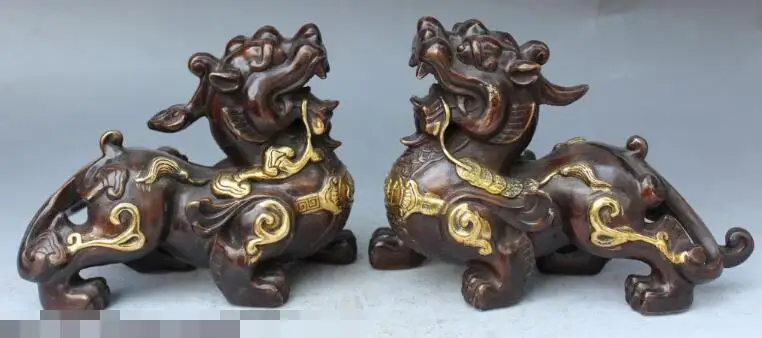 

S3402 9" Chinese Bronze Gilt Fengshui Dragon Pi Xiu Unicorn Money Wealth Statue Pair