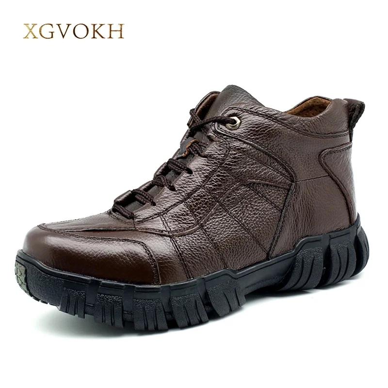 

Men Boot Winter Genuine Leather Shoes Casual Winter Warm Waterproof Work Shoes Short Walking Footwear Lace-Up Plus Size Flats