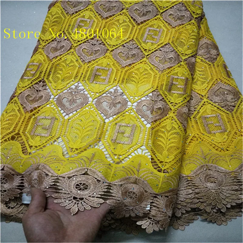 

Yellow High quality African Lace Fabric Embroidered Cord Fabric Swiss Voile French Net Rhinestones Lace For Nigerian Lace Fabric