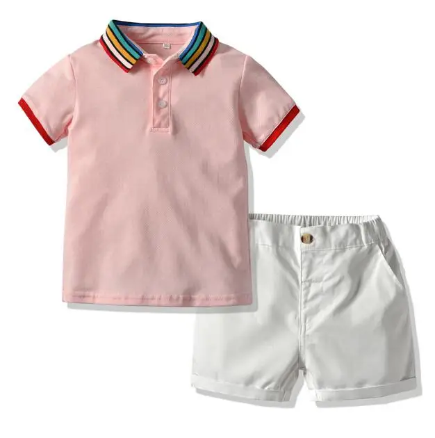 Топ и топ лето малыш мальчик хлопок джентльмен короткий рукав Радуга полосатая футболка+ шорты комплект повседневной одежды Прямая поставка - Цвет: Розовый