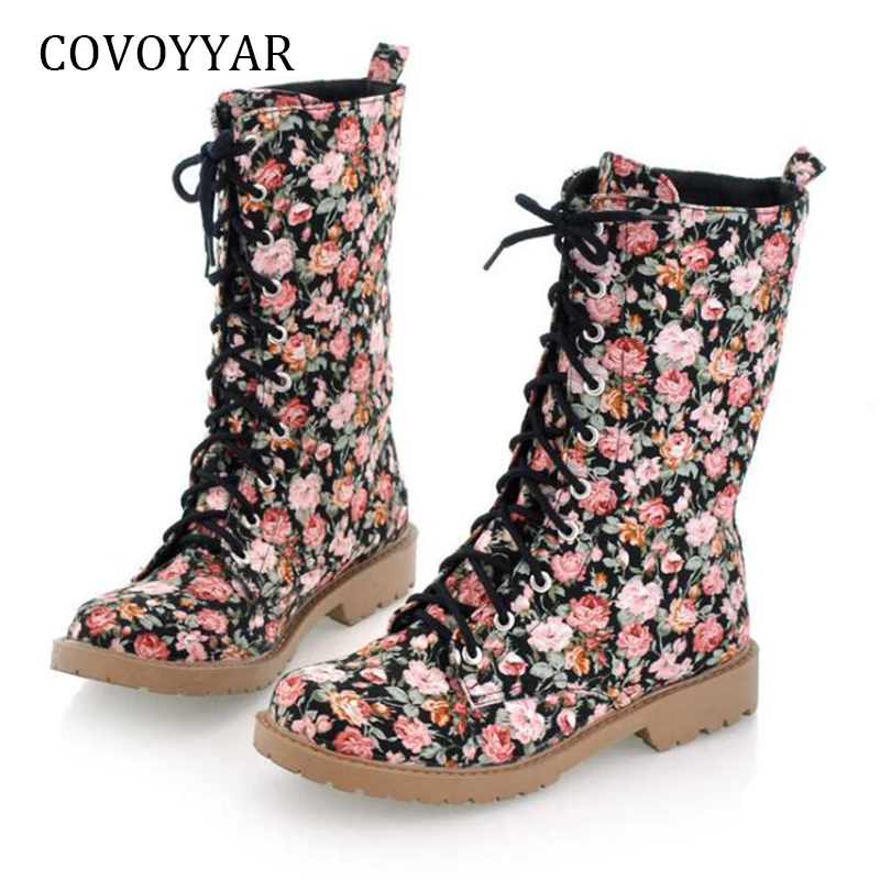 

COVOYYAR 2018 Mid-Calf Boots Autumn Winter Flower Printed Women Martin Boots Lace Up Low Heel Women Shoes Big Sizes WBS866