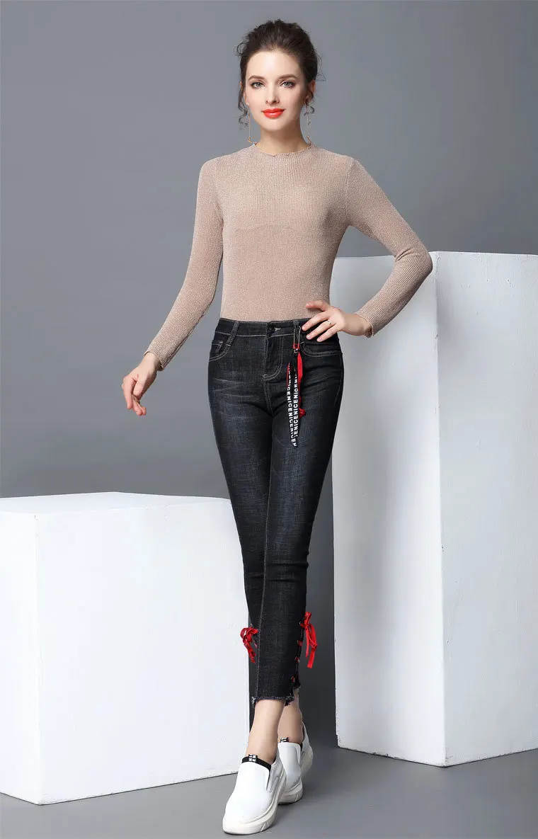 VANLED на шнуровке отверстие 2017 модные Рваные джинсы Для женщин джинсы женские джинсы для девочек стрейч средней талией обтягивающие джинсы