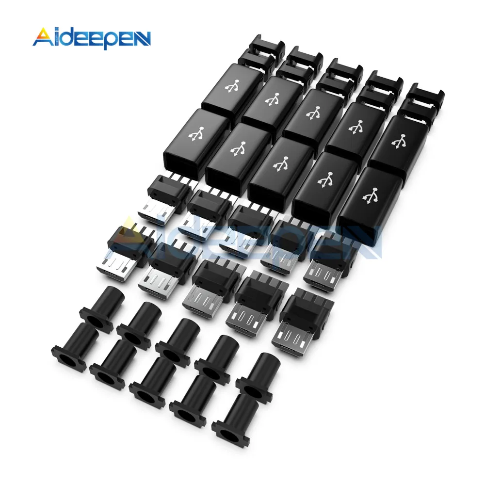 

10Pcs DIY Micro USB Male Plug Connectors Kit w/ Covers Black DIY Data Cable Accessories
