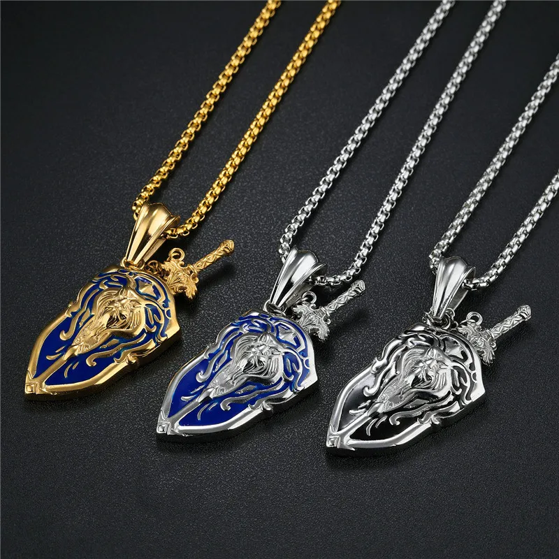 

2017 Punk Sword Shield Pendant Necklace For Man Vintage Accessories Stainless Steel World of Warcraft Men Jewelry Anime Necklace
