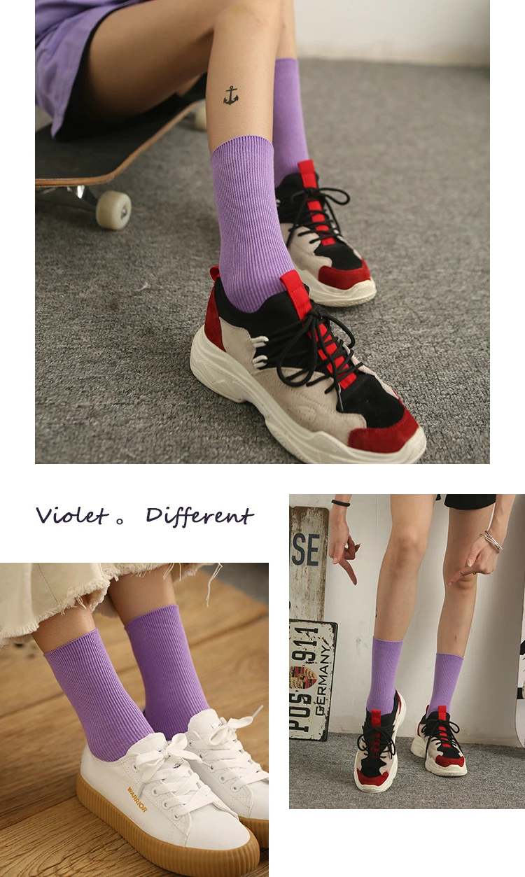 trouser socks PEONFLY Autumn new sock hosiery women fashion vertical stripes Solid cotton funny socks female Candy Color harajuku socks compression socks for women