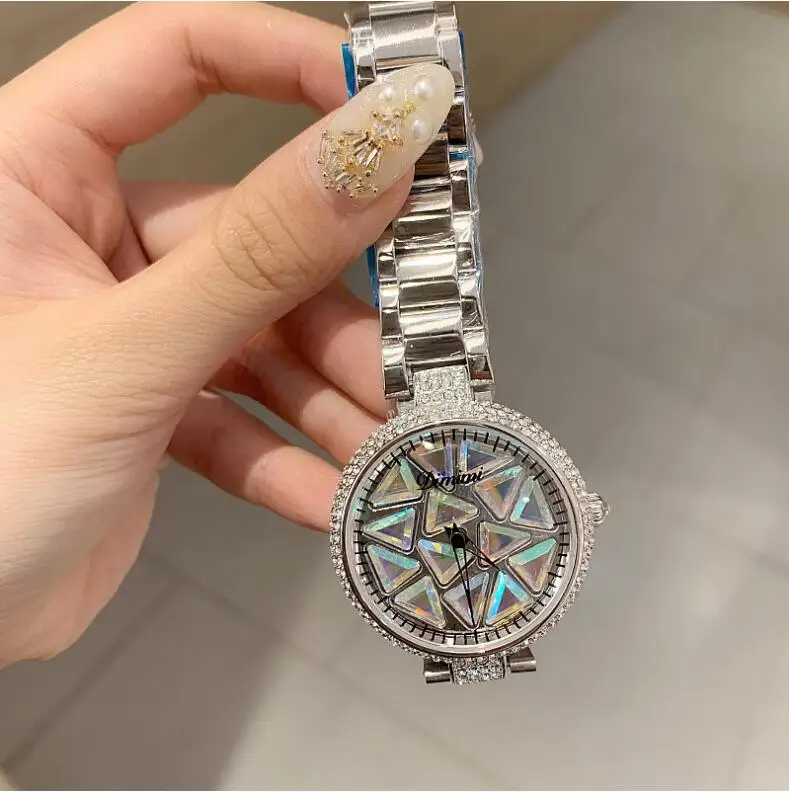 silver multicolor Роскошные женские часы, серебряные кварцевые платья, вращающиеся часы со стразами, повседневные женские часы, наручные часы из нержавеющей стали - Цвет: silver multicolor