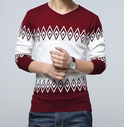 Мужской кашемировый свитер Мужской приталенный геометрический v-образный вырез свитер мужской повседневный вязаный хеджирующий пуловер Свитера YXS-M01 - Цвет: Red