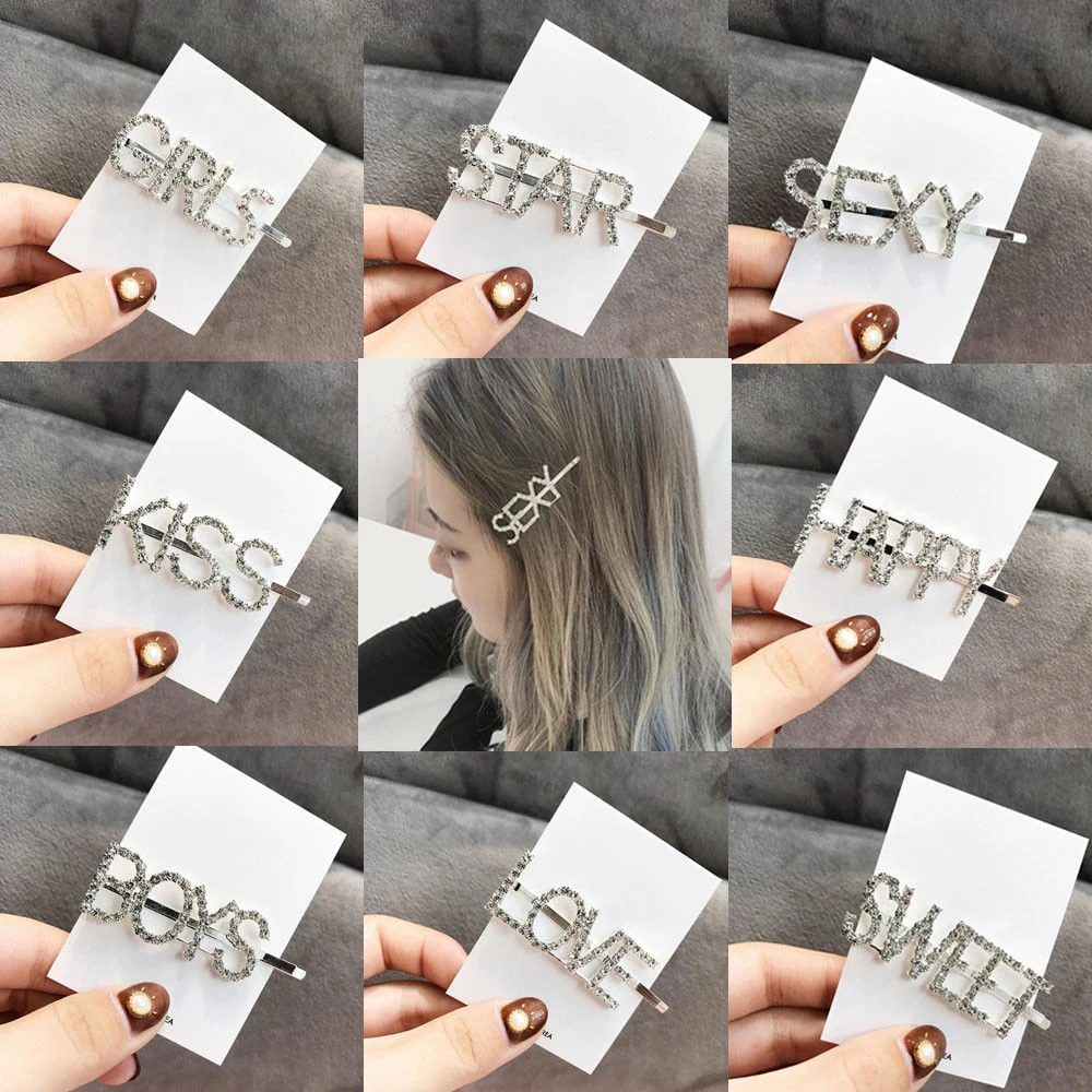 

HOOH HOT Crystal Hairpins Letter Barrettes Hairwear for Women Kid Girls Wedding Party Hair Pins and Clips Headwear Hair Jewelry