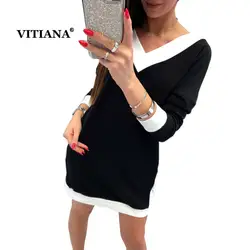 VITIANA для женщин Мини платье рубашка Женский Осень 2018 г. с длинным рукавом черный, белый цвет лоскутное V образным вырезом свободные повседне