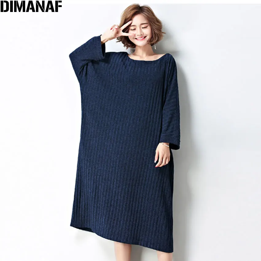 

DIMANAF 2017 Women Dress Plus Size Autumn Striped Print Solid Batwing Oversize Cotton Female Casual Fashion Show Thin Warm Dress