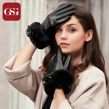 

GSG Winter Warm Knitted Lined Genuine Leather Gloves for Women Fashion Fur Ladies Touchscreen Driving Gloves Party Black