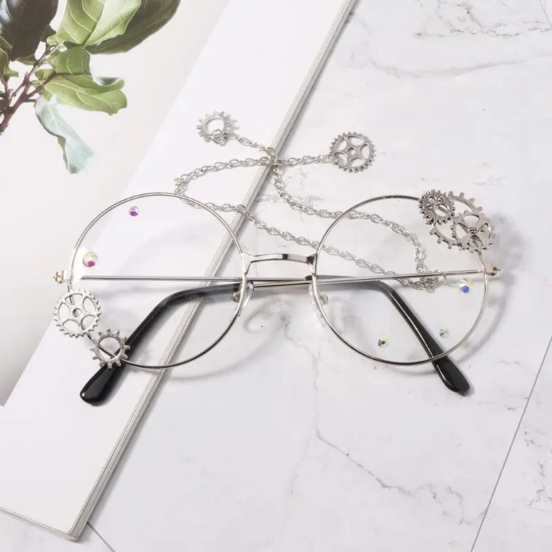 Косплей оптические очки стимпанк стиль кулон зубчатое колесо цепь круглые линзы унисекс украшения для очков