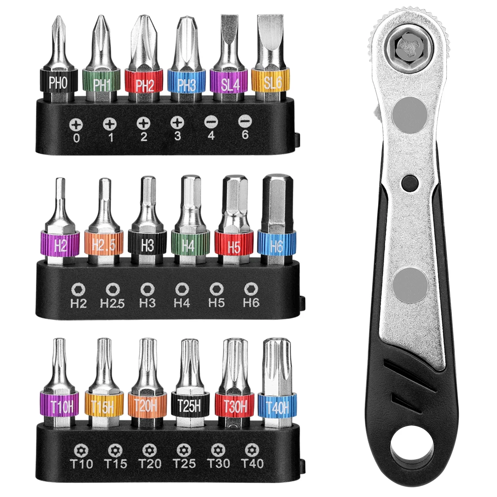 

Universal Micro Ratchet Wrench Screwdriver Bit Set with Reversible Drive Handle Phillips Slotted Torx 1/4" Drive Multi Bits Set