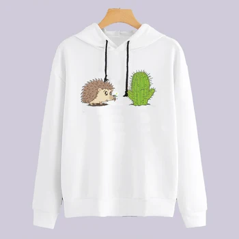 

2019 Funny streetwear women kpop Fashion Hedgehog cactus tops couple hoodies animation graphic cute hoodie Printting O-Neck