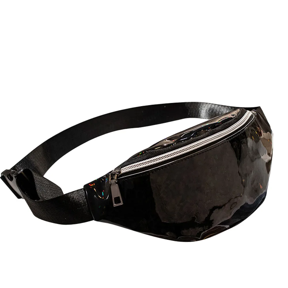 Модная поясная сумка из лазерной кожи, винтажная Женская Студенческая спортивная сумка на молнии, сумка на грудь, поясная сумка - Цвет: Black