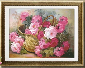 

Embroidery Package Top Quality Cross Stitch Kits Free Shipping Pink Rose Flowers in Basket