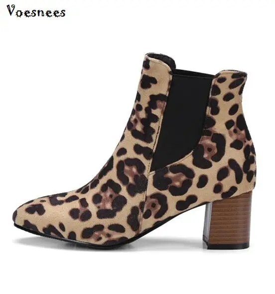 

2018 Leopard Chelsea Boots Women Shoes Round Toe Sexy Elastic Flock Square Heel Ankle Boots Women High Heels 5.5CM Shoes Women