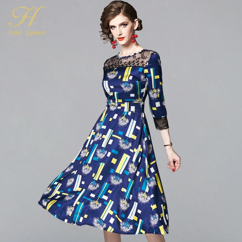 

H han queen 2019 New Summer Printing Dresses Womens O Neck Patchwork Lace A-Line Work Casual Party Dress Slim Vintage Vestidos