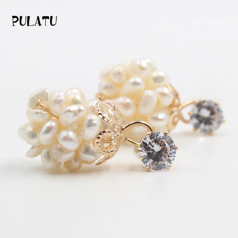 

PULATU Natural Pearl earring with gold CZ Crystal 0.75ct Cubic Zirconia Flower Stud Earrings For Women gift ED0008