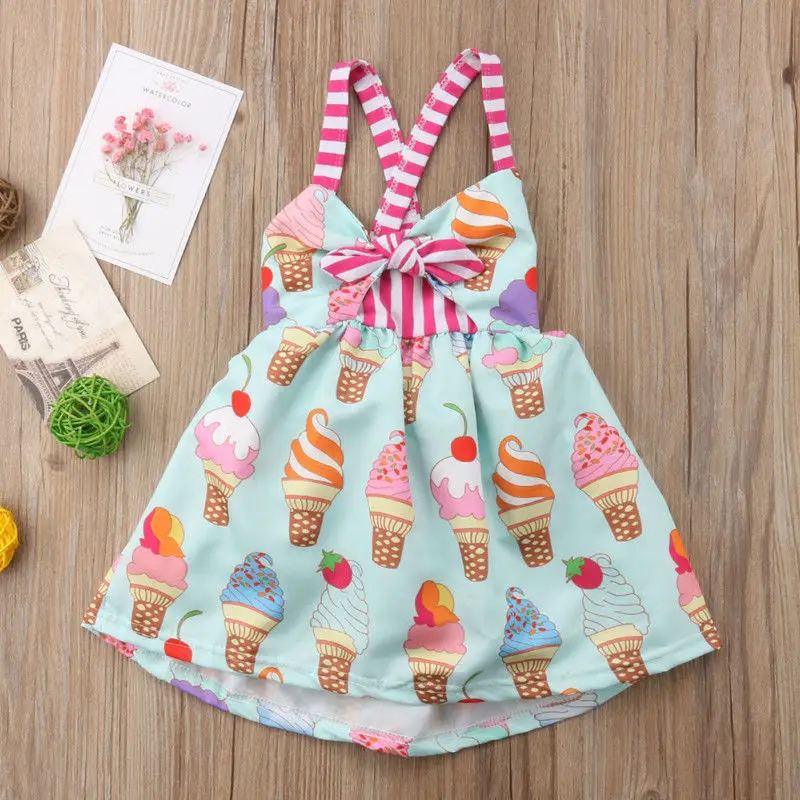 Toddler Kids Baby Girls Summer Sleeveless Ice Cream Print Strap Tutu Dress Sundress Clothes Summer