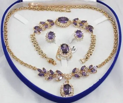 Fashion Jewellery Women's Set amethyst Necklace Earring Ring Bracelet + Box 5.23