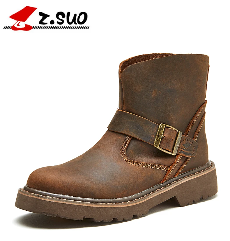 

z.suo Cow Leather Women's Motorcycle Boots Autumn New Fashion Retro Ankle Boots Women Buckle Bota Feminina Shoes Plus Size 36-42