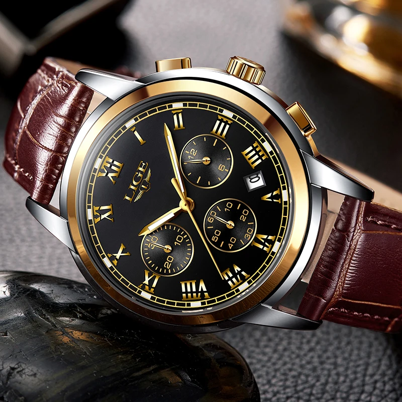 LIGE Casual Leather Watchband Mens Watches Top Brand Luxury Men's Fashion Waterproof Quartz Gold Watch For Men Relogio Masculino