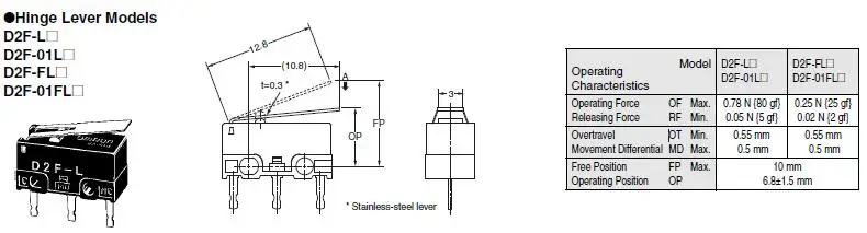 10 шт. OMRON D2F-L 3Pin PCB Крепление шарнир рычаг субминиатюрный основной концевой выключатель SPDT