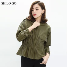 SHILO GO кожаная куртка Женская Весенняя мода Овчина натуральная кожа куртка с круглым вырезом передний карман стрейч талия Свободные плиссированные