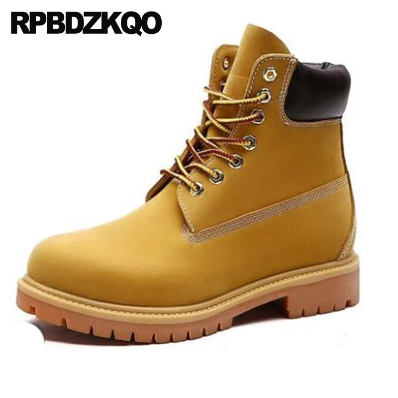 

Working Booties 2018 Chunky Short Men's Shoes Work Yellow Plus Size Boots Vintage Fall Lace Up Safety Full Grain Leather Ankle