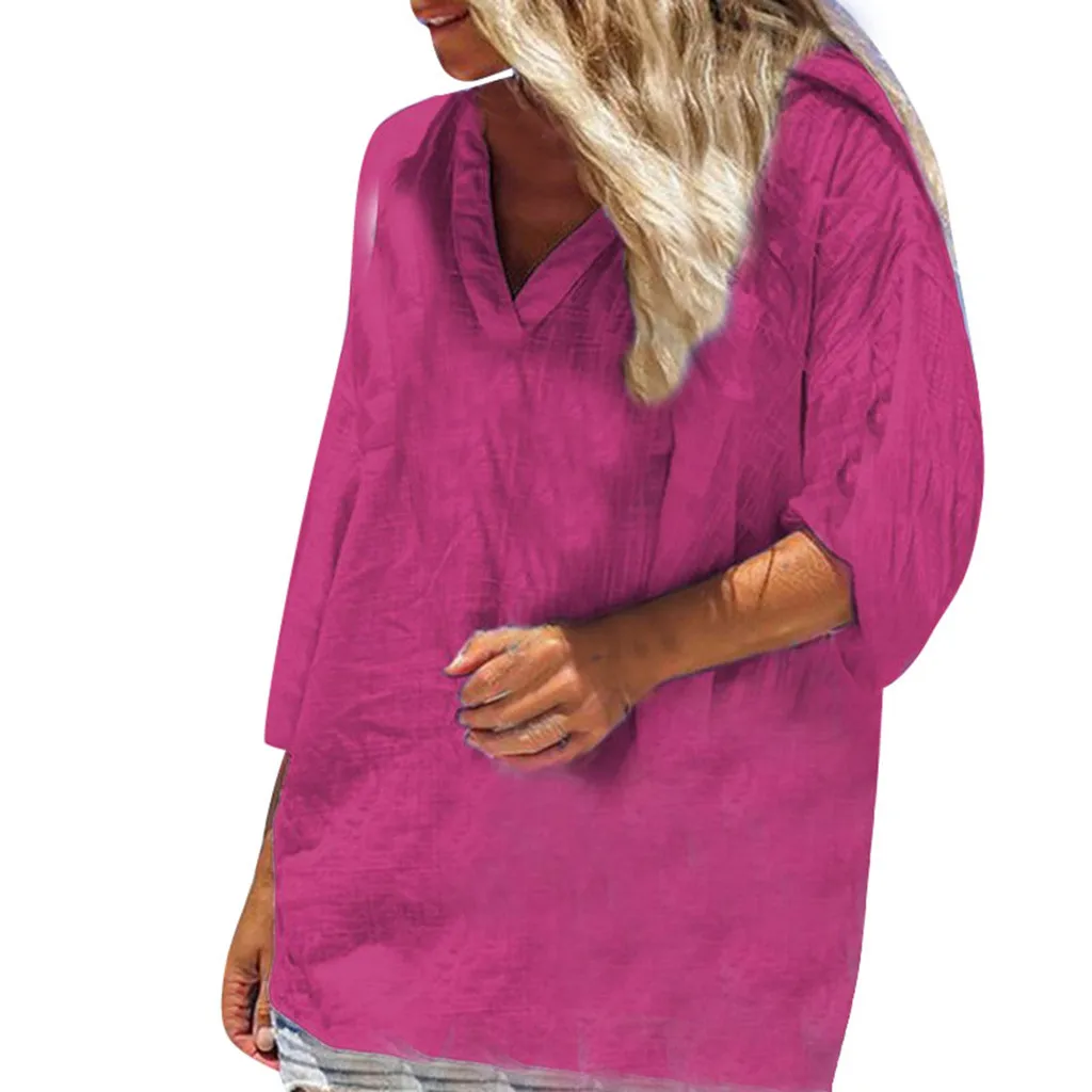 Women Summer Solid V-Neck Half Sleeve With Pockets Tops Blouse cotton blouses and shirts for ladies half sleeves top mujer