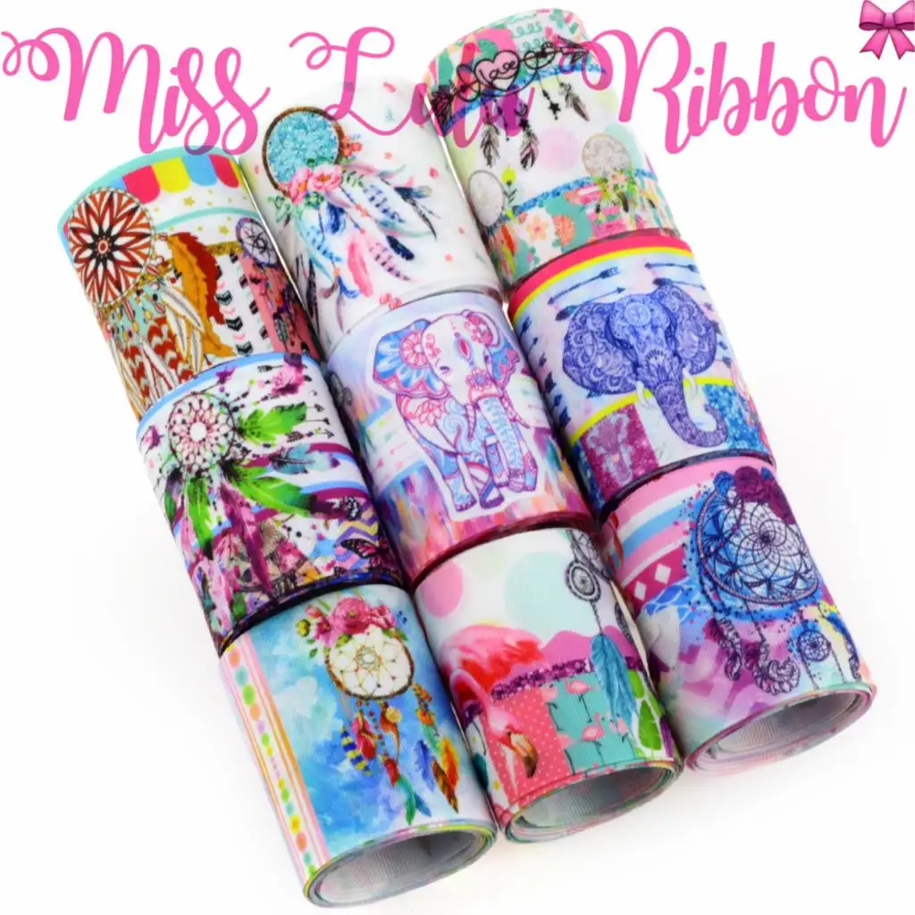 

16mm-75mm Dreamcatcher Series Rose Flamingo Elephant Arrow Patterns Printed Grosgrain/Foe Ribbon DIY Party Decor 50yards/roll