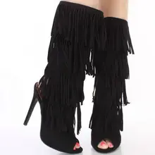 Г., замшевые кожаные сапоги с открытым носком и бахромой женские ботинки на высоком тонком каблуке, украшенные кисточками