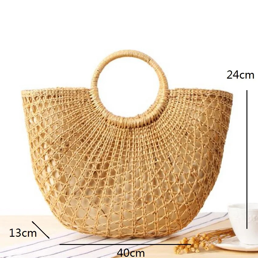 LIXUN пляжная сумка ручной работы из хлопка и льна, тканая бамбуковая сумка, деревянная сумка с верхней ручкой, Дамская круглая соломенная сумка в форме Луны, обернутая сумка