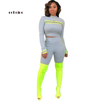 

Echoine Women Sexy 2 Piece Set Reflective Tape Long Sleeve Patchwork O-Neck Short Crop Tops Sportswear Knit Elastic Running Suit