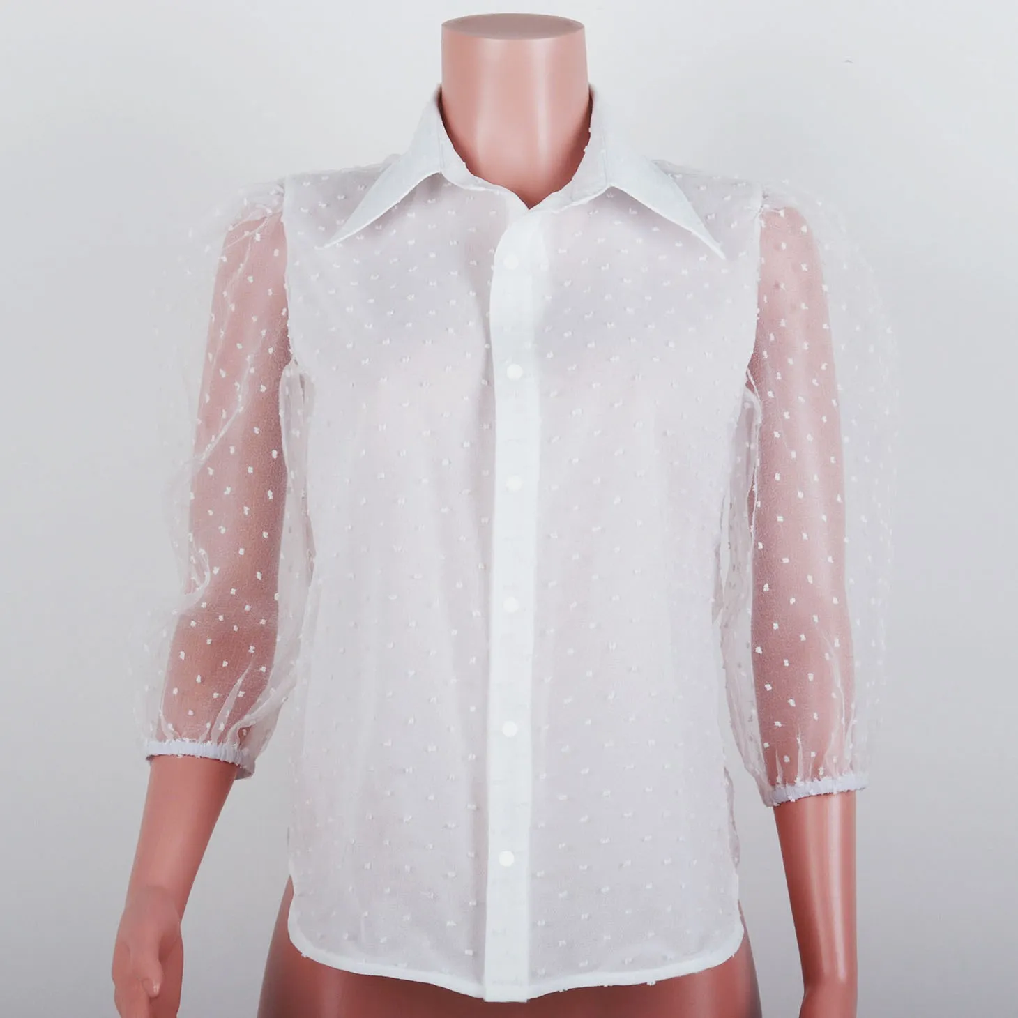 Летняя Повседневная прозрачная блуза в горошек на пуговицах, сексуальные рубашки с буфами на рукавах, элегантная белая полупрозрачная Офисная Женская блузка - Цвет: Белый