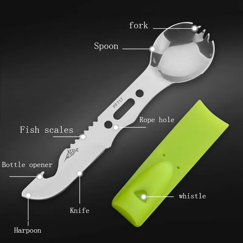 Outdoor Camping Multipurpose Tools Fork Knife Spoon Fork Bottle Opener Tainless Steel Cutlery Hiking Survival Whistle Travel Kit (14)