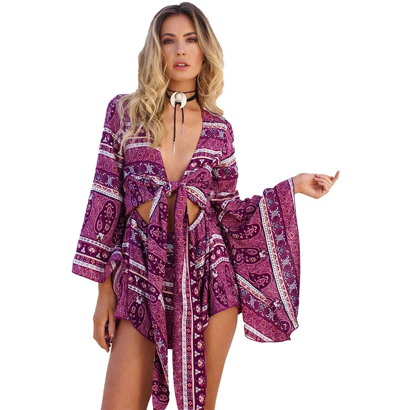 

2018 summer new women the mediterranean sea casual vacation mini dress v neck full flare sleeve fashion print bow dresses 95023