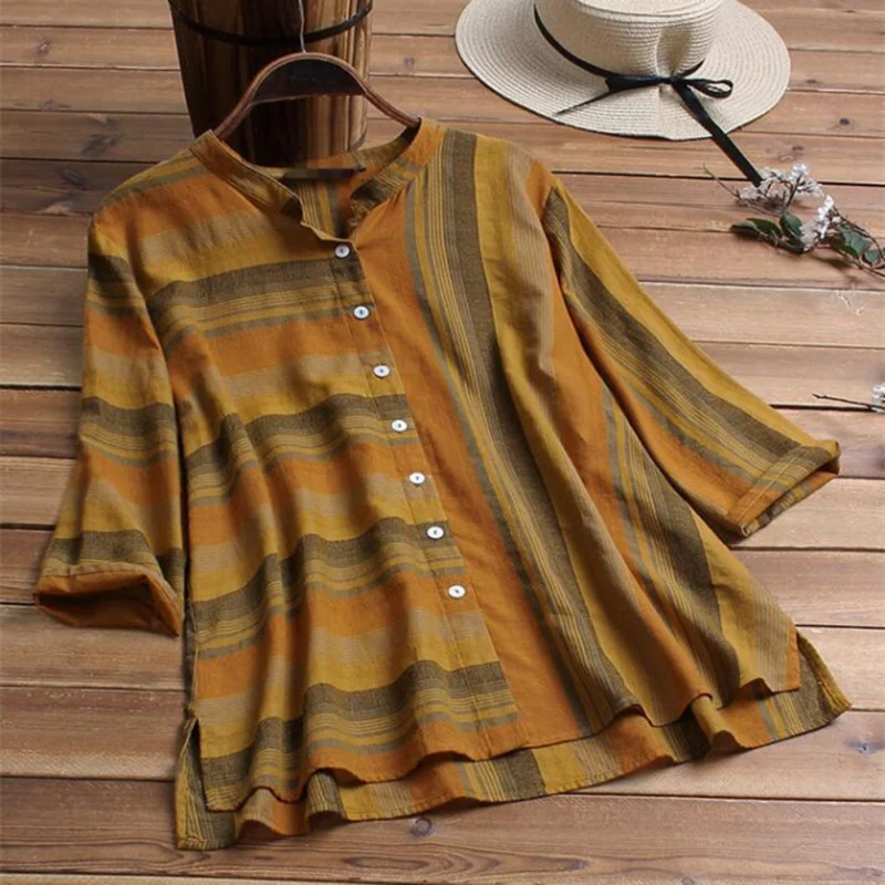 

Women Blouse 2019 Summer Womens Striped Tops Plus Size Casual Work Shirts Ladies Elegant V Neck Blouses Blusa Feminina 4XL