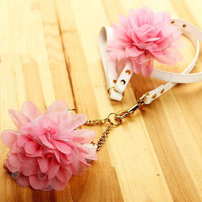 

Big Flower Dogs Traction Rope Pu Pets Walking Chain Leash 2piece Suit Bow Collars S M