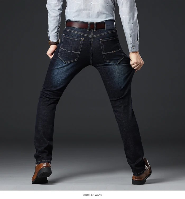 Мужские брендовые джинсы, классический стиль, Осень-зима, деловые повседневные темно-синие эластичные прямые джинсовые брюки, мужские штаны высокого качества