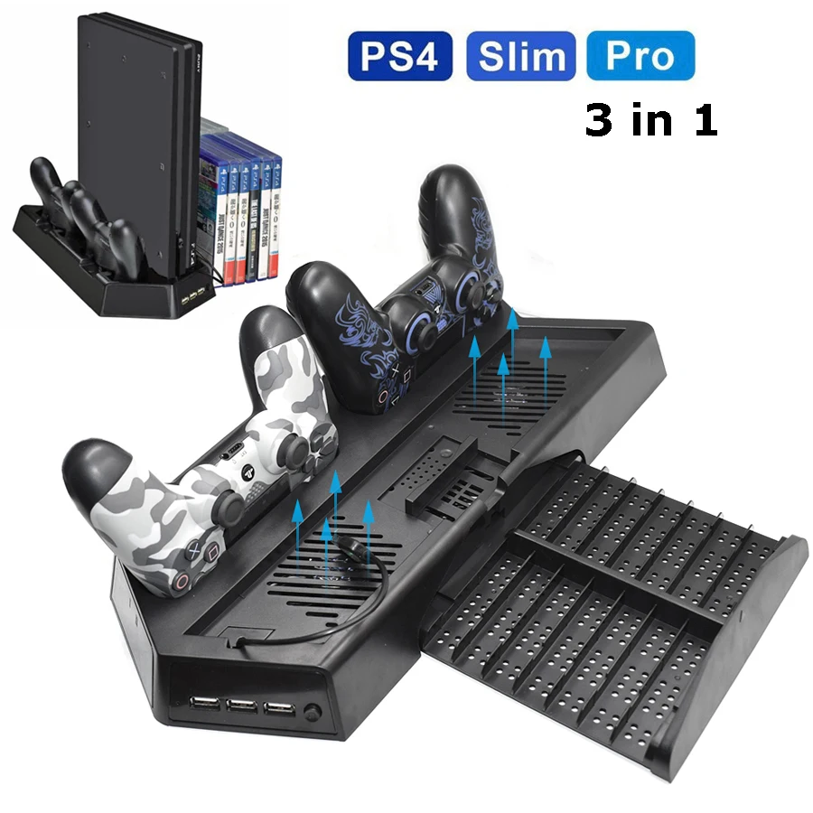 14 Game Disc Storage Vertical Stand for PS4 Regular PlayStation 4 Cooling Fan Controller Charging Station with Game Storage and Dualshock Charger with 2 Controller Charging Port 3 HUB Ports 