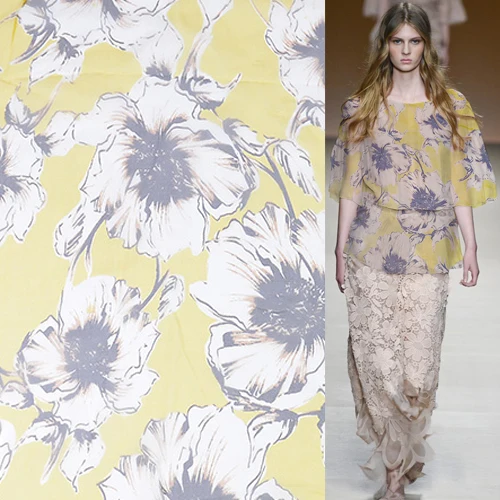 

Floral print on yellow bottom pure silk organza silk fabric flower design,SOZ167
