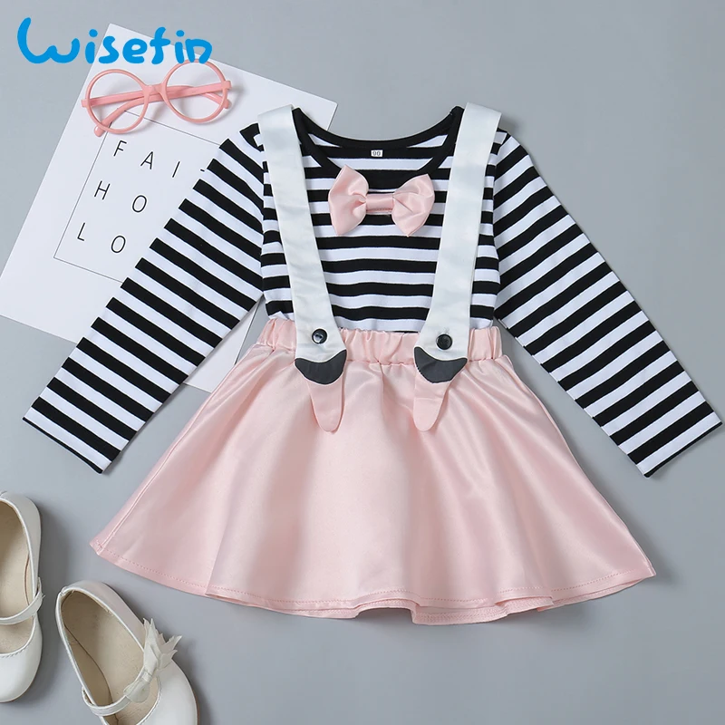 

Kids Dresses for Girls Overalls Dress Princess Girls Dress Long Sleeve Striped Shirts Bow+Pink Bib Dress Cute Outfit Set D20